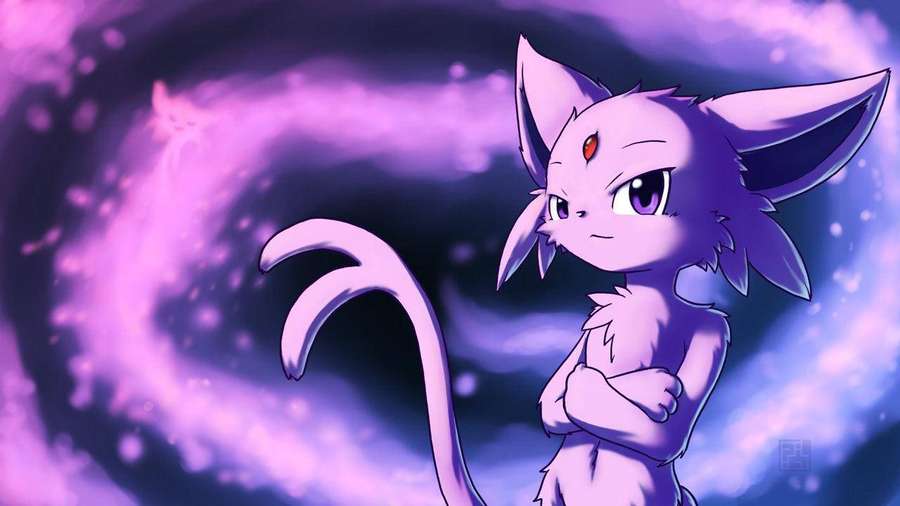 Gato anime roxo com joia vermelha na testa em redemoinho cósmico. — Espaço Roxo Fundo Fundos