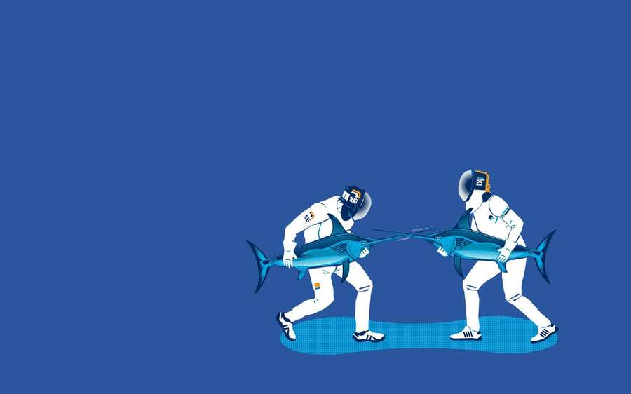 Dos astronautas con trajes blancos tiran de un marlín contra un fondo azul. — Espadón Fondos de pantalla