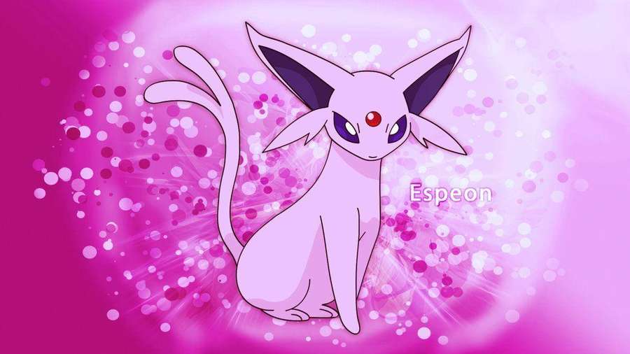 Pink Espeon Pokémon with purple eyes and red gem surrounded by sparkles. — Espeon Wallpaper