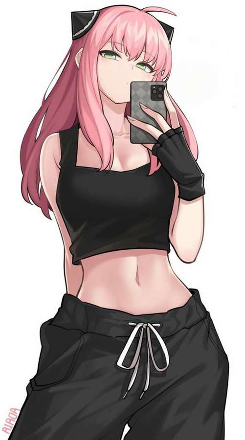 Chica anime de pelo rosa y orejas de gato tomándose una selfie con un teléfono. — Espía Fondos de pantalla