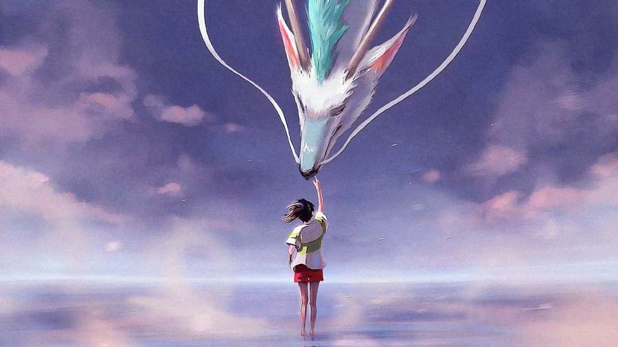 Garota tocando um grande dragão branco em um céu crepuscular — Espirited Away Papéis de Parede