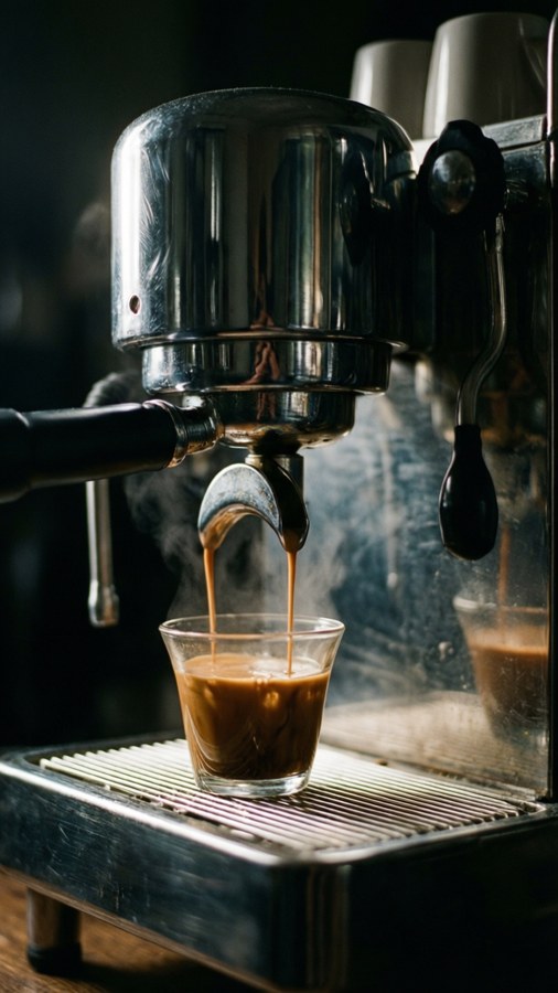 A moody shot of a vintage espresso machine pouring into a glass cup. — Espresso Wallpaper