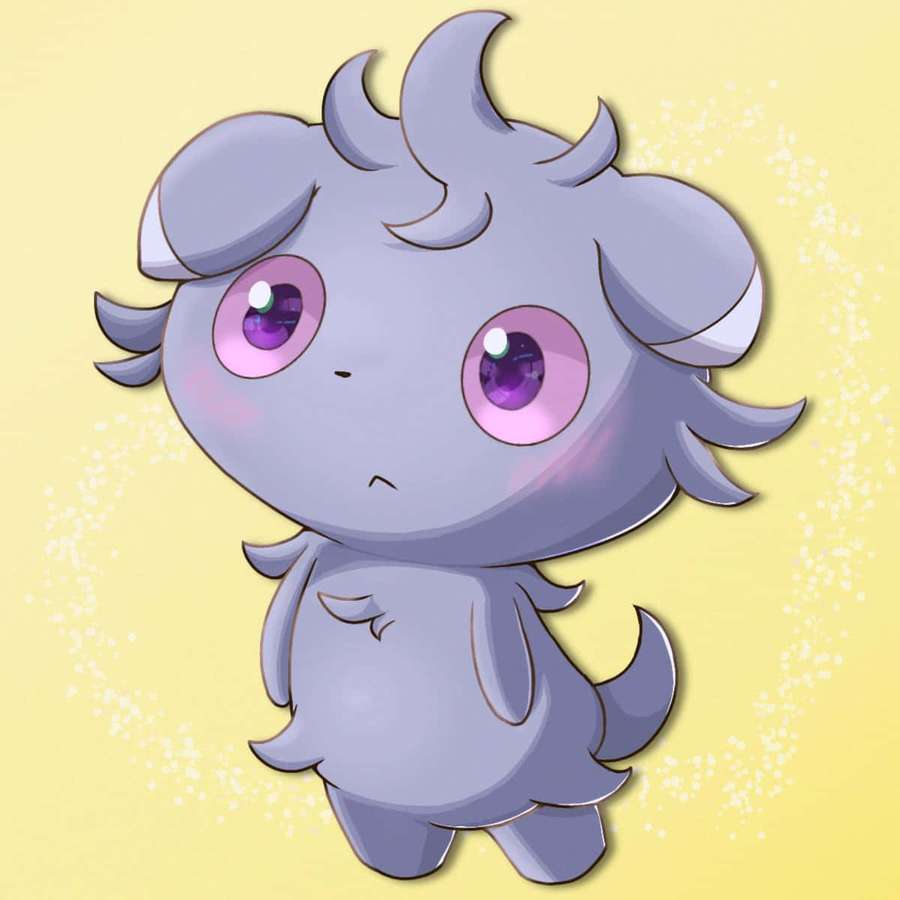 A gray chibi creature with purple eyes and horns on a yellow sparkly background. — Espurr Wallpaper