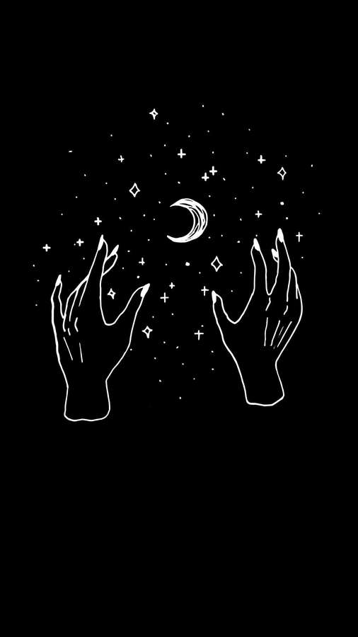 Dos manos que se extienden hacia una luna creciente y estrellas sobre un fondo negro. — Estética de Bruja Fondos de pantalla