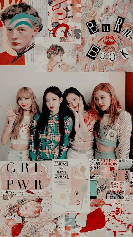 Un collage colorido con una joven, un grupo de K-pop y elementos gráficos de texto. — Estética Kpop Fondos de pantalla