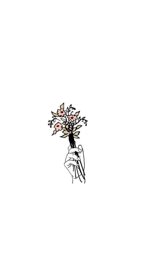 Mão segurando um pequeno buquê de flores cor-de-rosa em estilo minimalista de arte linear. — Estética rosa e branca Papéis de Parede