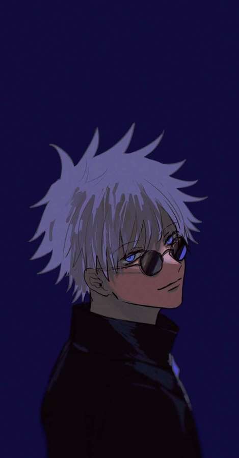 Personagem de anime com cabelo branco espetado e óculos redondos contra fundo azul escuro. — Estético Anime Boy Papéis de Parede