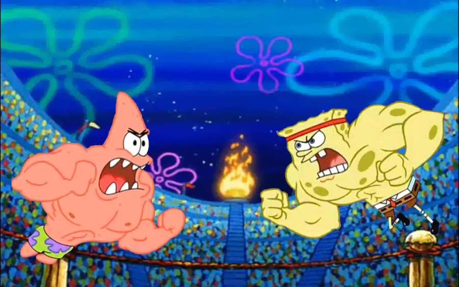 Svampebob og Patrick bryter i en undervannsarena med heiende fans. — Estetisk Spongebob Desktop Bakgrunner