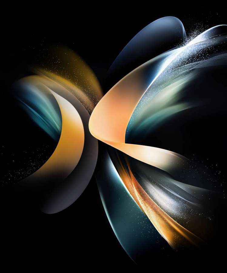 Redemoinhos abstratos brilhantes de ouro, verde-azulado e prata contra um fundo preto com partículas cintilantes. — Estoque Papéis de Parede