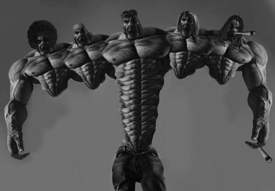 Um único corpo musculoso com cinco cabeças masculinas diferentes fundidas. — Estranho Papéis de Parede