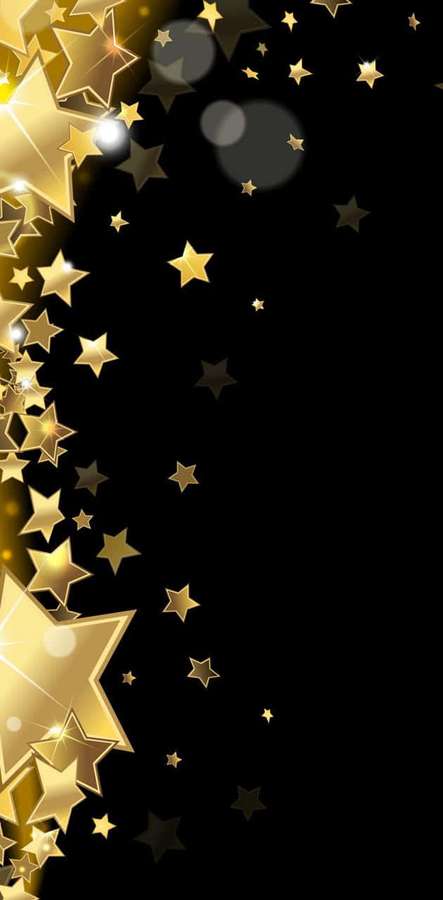 Estrelas douradas espalhadas sobre um fundo preto com destaques brilhantes. — Estrelas douradas Papéis de Parede