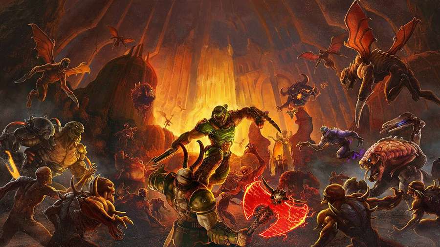Kriger bekæmper dæmoniske monstre i en ildfyldt underjordisk dungeon. — Eternal Wallpapers