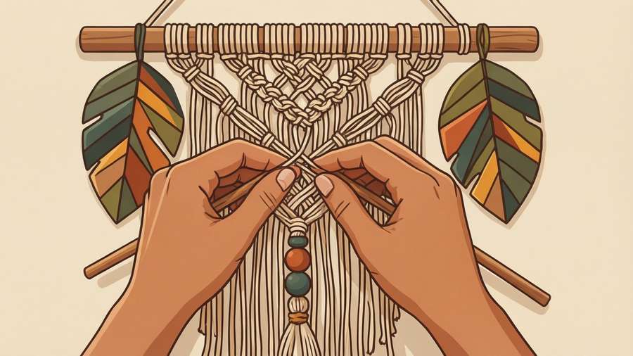Minimalist vector wallpaper of hands weaving macrame, warm beige background. — Etsy Wallpaper