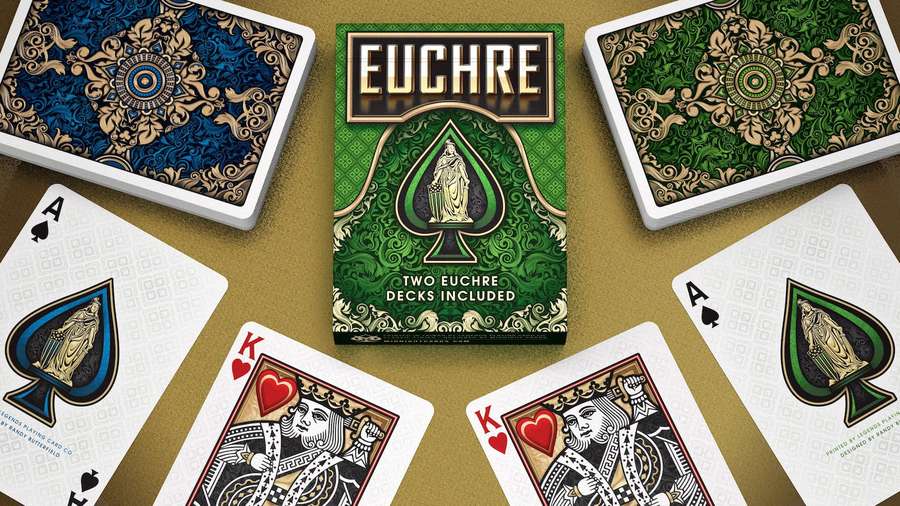 Euchre card game box with playing cards on gold background. — Euchre Wallpaper