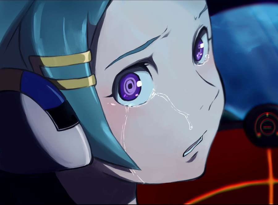 Anime-Mädchen mit türkisfarbenem Haar und violetten Augen weint in einem Cockpit. — Eureka Seven Eureka Wallpaper
