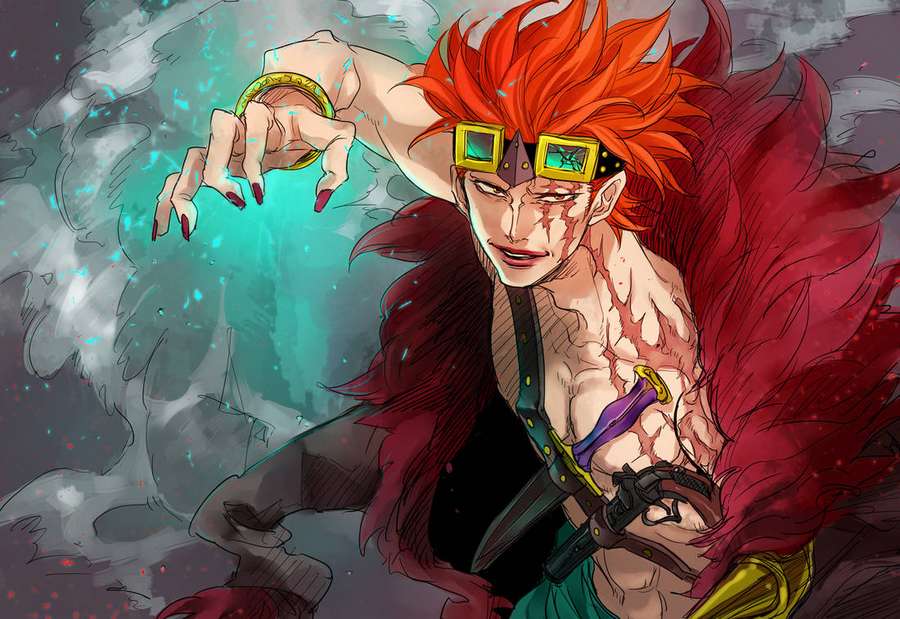 Anime-Figur mit roten Haaren und Brille entfesselt türkise Energie im Kampf. — Eustass, Kind Wallpaper