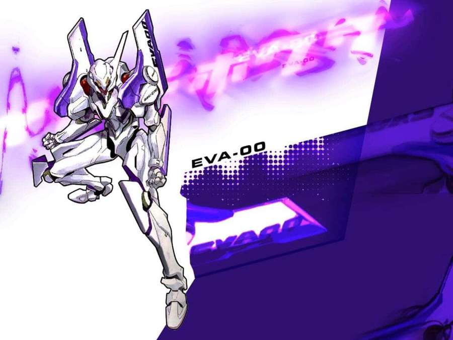 Valkoinen ja violetti Evangelion Unit-00 mecha dynaamisessa asennossa hehkuvilla violetilla energiatehosteilla. — Eva-00 Taustakuvat