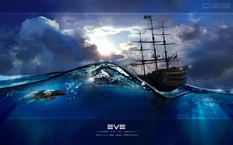 Piratenschiff segelt auf einer massiven Welle mit Hai, der unten bei Sonnenuntergang schwimmt. — Eva Online Wallpaper