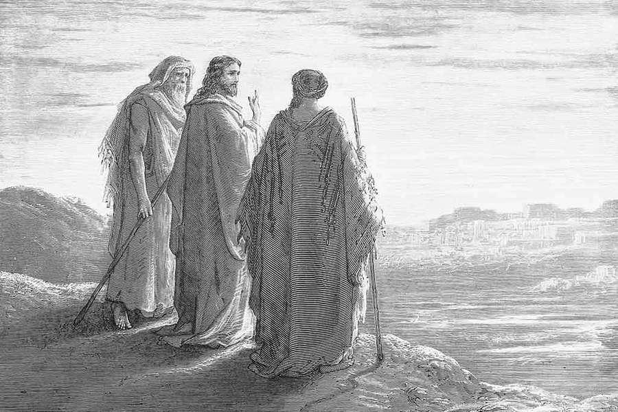 Three robed figures stand on a rocky shore overlooking a distant city. — Evangelism Wallpaper