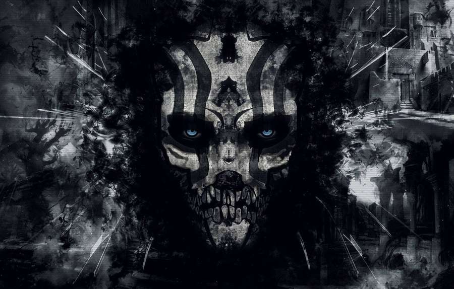A menacing skull with glowing blue eyes dominates a decaying urban ruin. — Evil Background