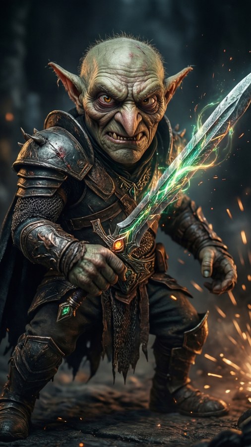 Goblin warrior in dark armor wielding a glowing sword with sparks flying. — Evil minion Background