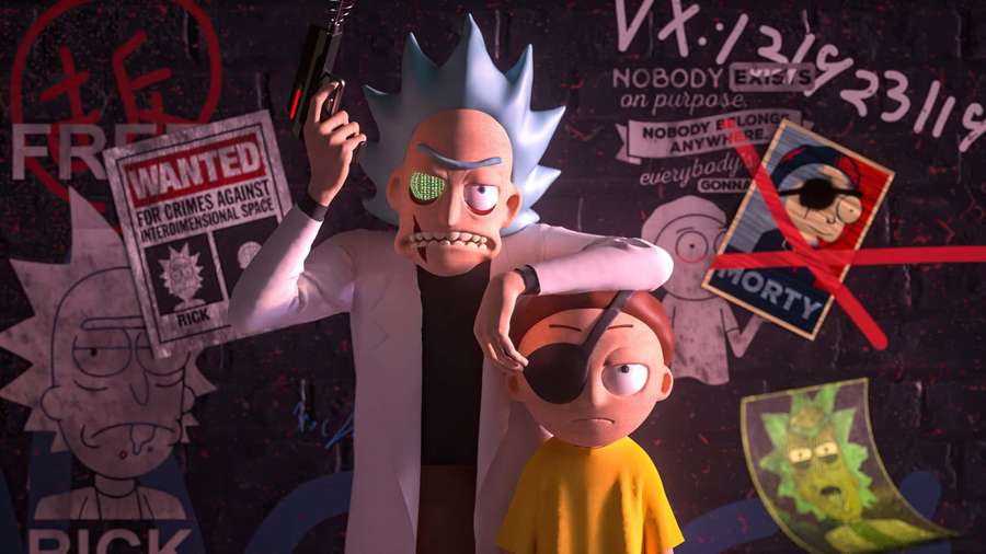 Rick Sanchez og Morty Smith i animert form som holder en pistol og har på seg en øyelapp. — Evil Morty Bakgrunner