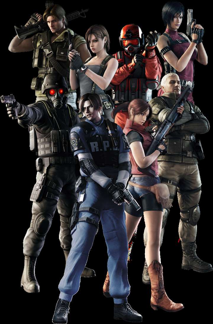 Seven armed video game characters in tactical gear posing for a team photo. — Evil PNG