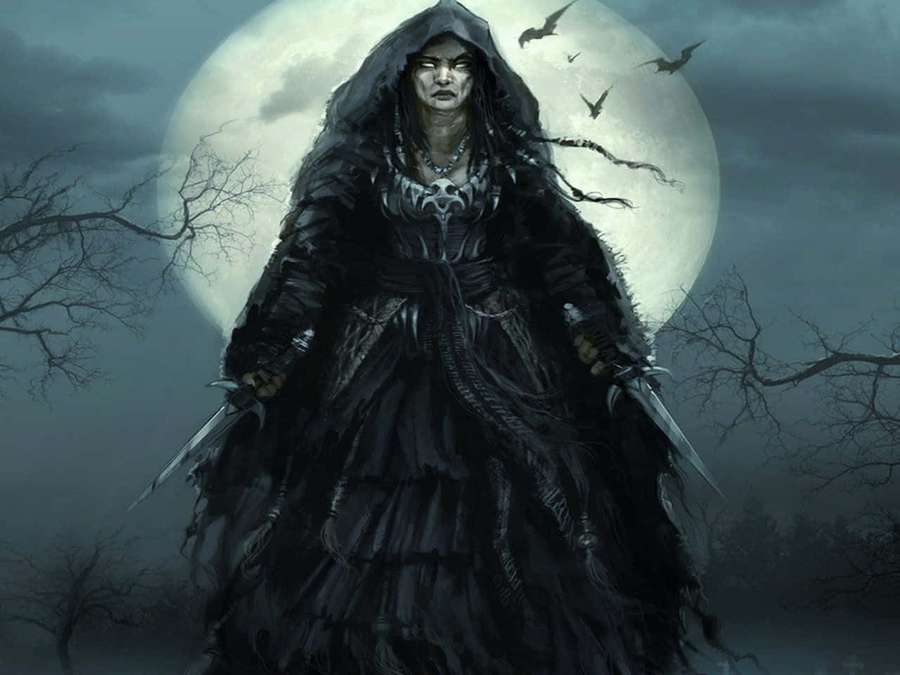 A dark cloaked witch with swords stands under a full moon surrounded by bats and bare trees. — Evil Witch Wallpaper