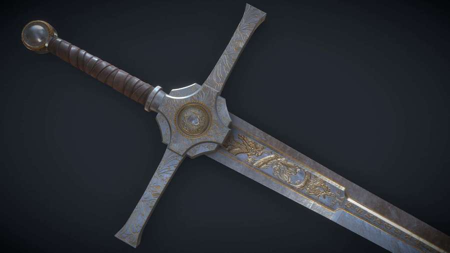 A detailed ornate medieval sword with gold engravings and leather grip. — Excalibur Wallpaper
