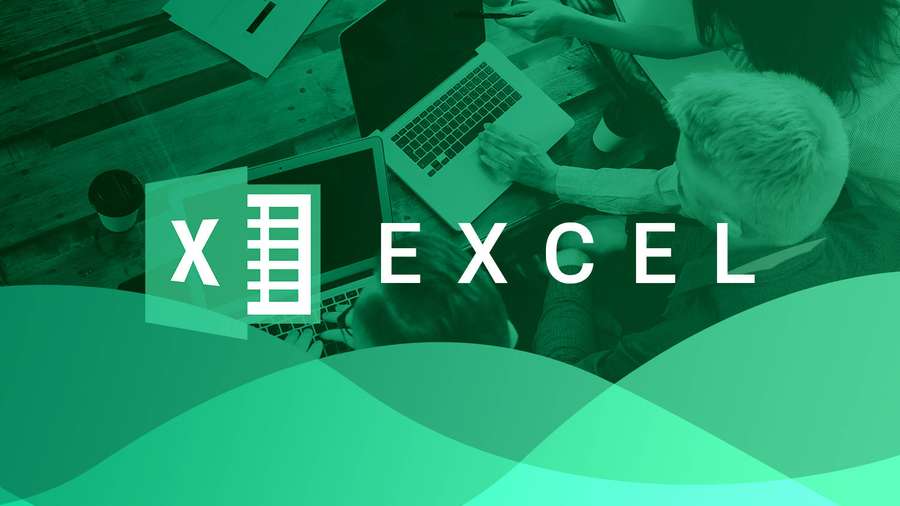 Personen, die gemeinsam an Laptops arbeiten, mit Excel-Logo und tealfarbenem Wellendesign. — Excel Bilder
