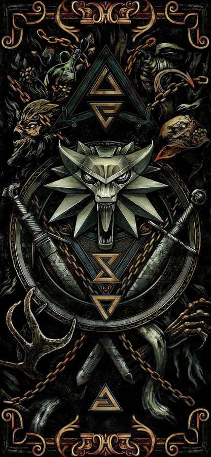 Et stiliseret sølvulvehoved-emblem omgivet af sværd, kæder og dæmoniske ansigter. — Exceptional Wallpapers