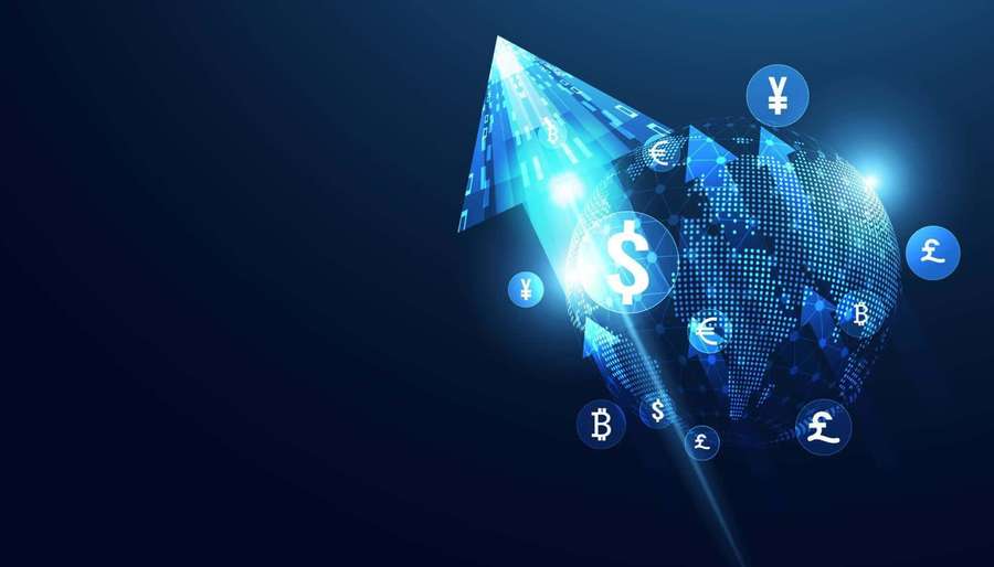 Digital arrow piercing globe with floating currency symbols — Exchange Wallpaper