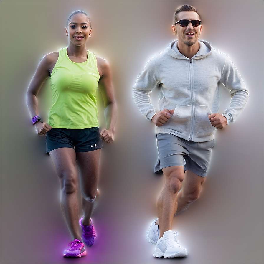 Two people jogging in athletic gear with glowing effects around them. — Exercise PNG