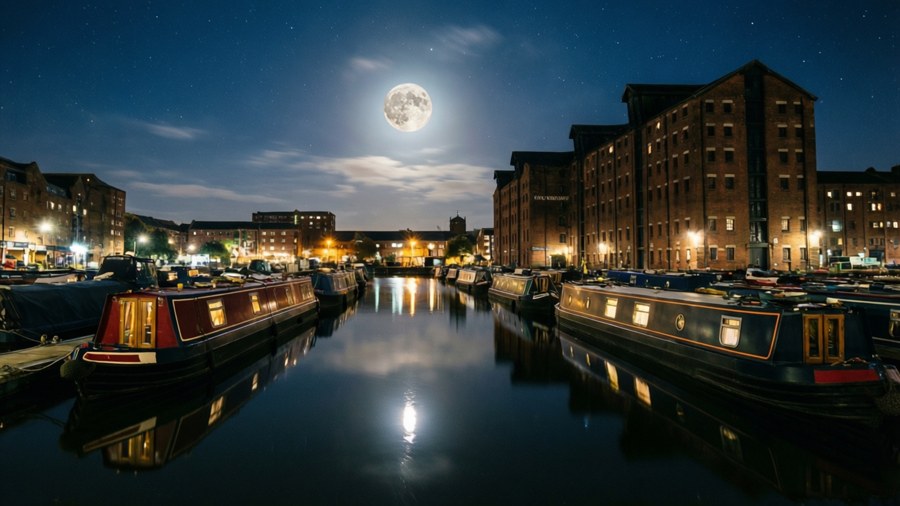 Nighttime at Exeter Quay with moon and star reflections on calm water. — Exeter Picture