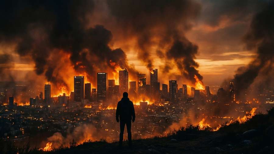 A burning city in the distance with a solitary witness captures existential turmoil and destruction. — Existentialism Picture