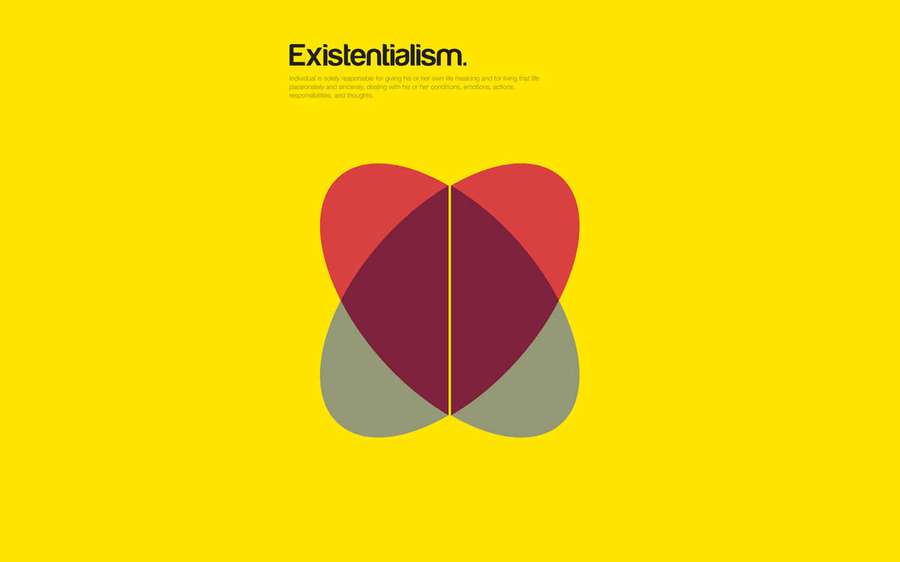Abstract heart graphic with existentialism text on yellow background. — Existentialism Wallpaper
