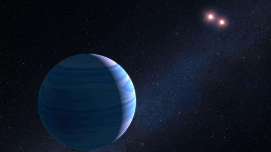 Blue striped gas giant planet with two red stars in deep space. — Exoplanet Wallpaper
