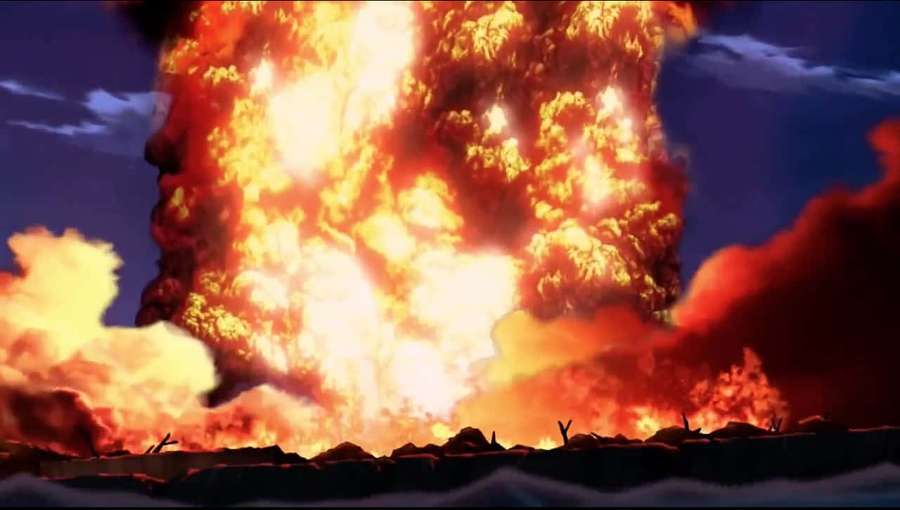 Massive fiery explosion lighting up a dark twilight sky with silhouetted ground. — Explosion Background