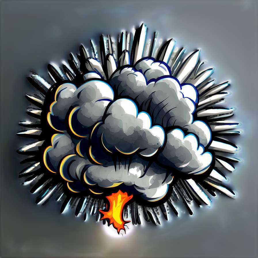Cartoon explosion with smoke and metallic shards bursting from a fiery center. — Explosion PNG