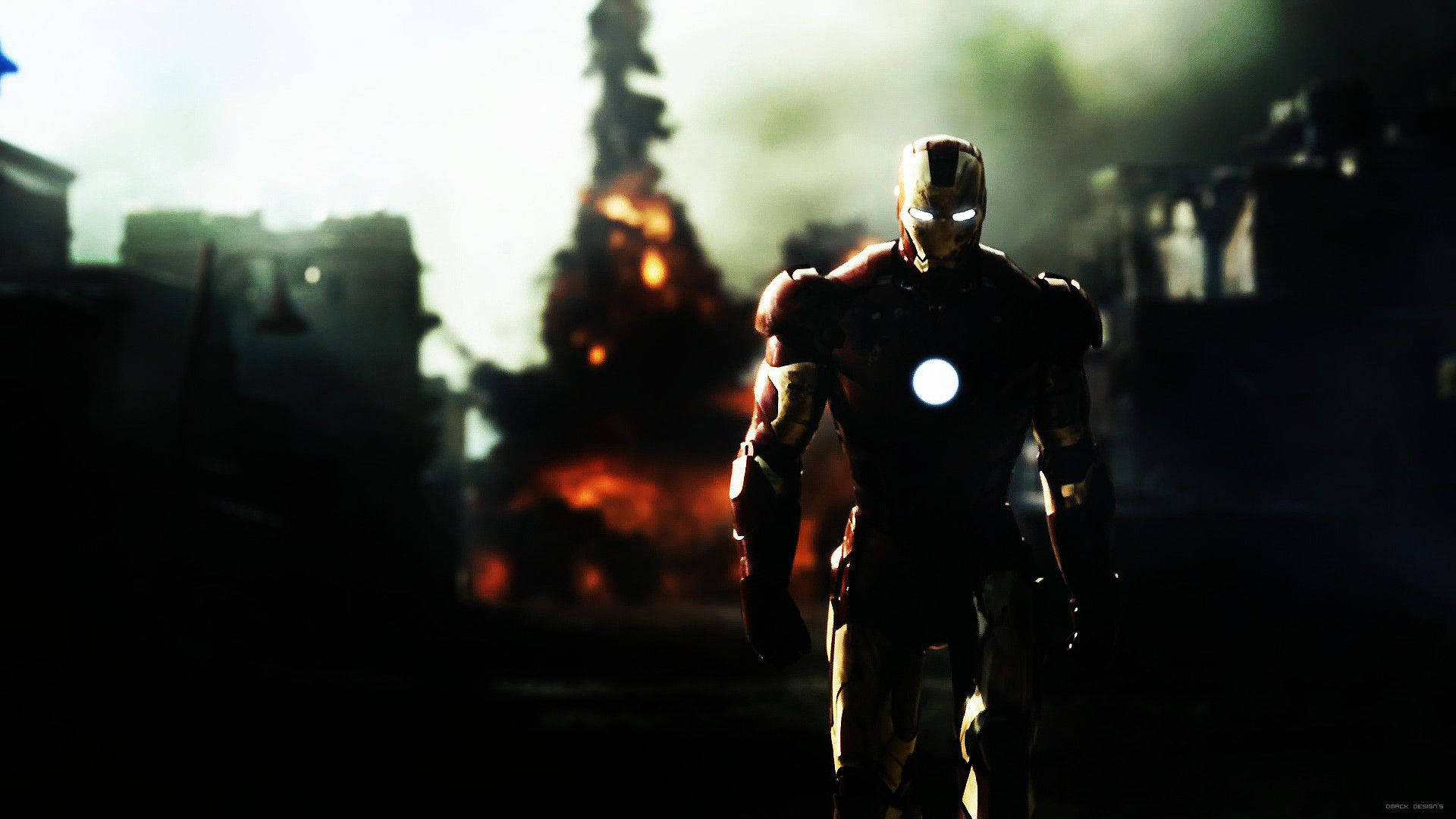 Iron Man in a war-torn city with explosions behind him. — Explosion Wallpaper