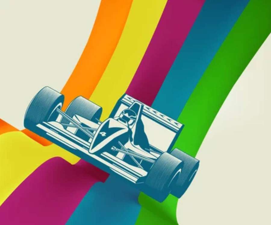Auto da corsa blu che sfreccia tra strisce arcobaleno colorate. — F1 4K Sfondi