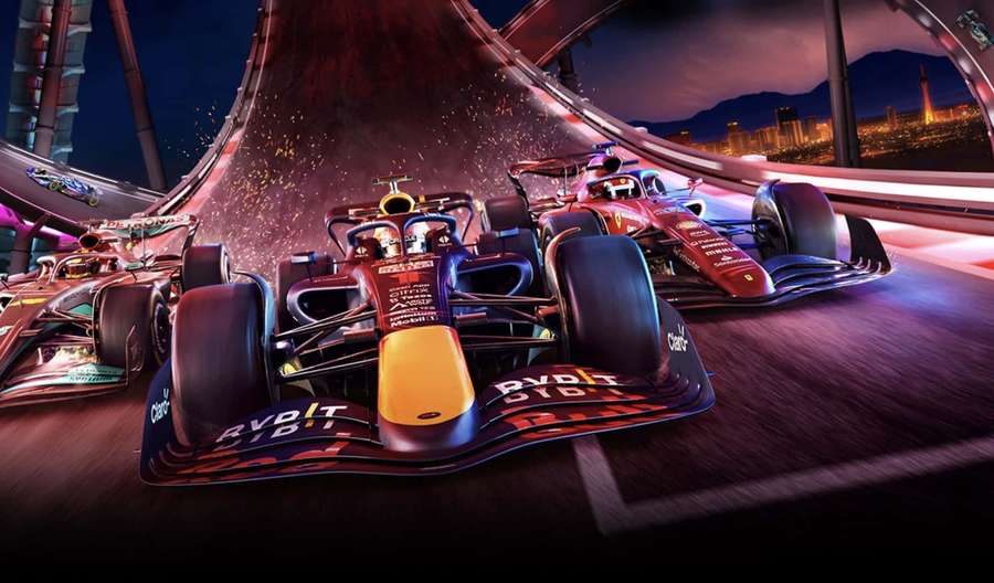Three racing cars speeding through a neon-lit tunnel at night with cityscape behind. — F1 Bahrain Wallpaper