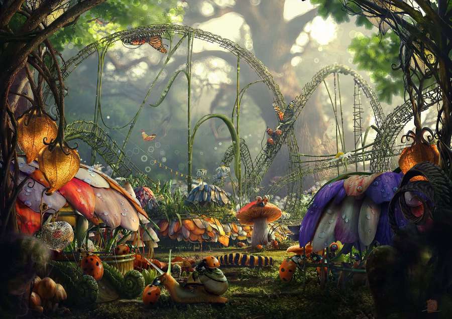 Whimsical fantasy forest with giant mushroom houses and a roller coaster. — Fairy Forest Background