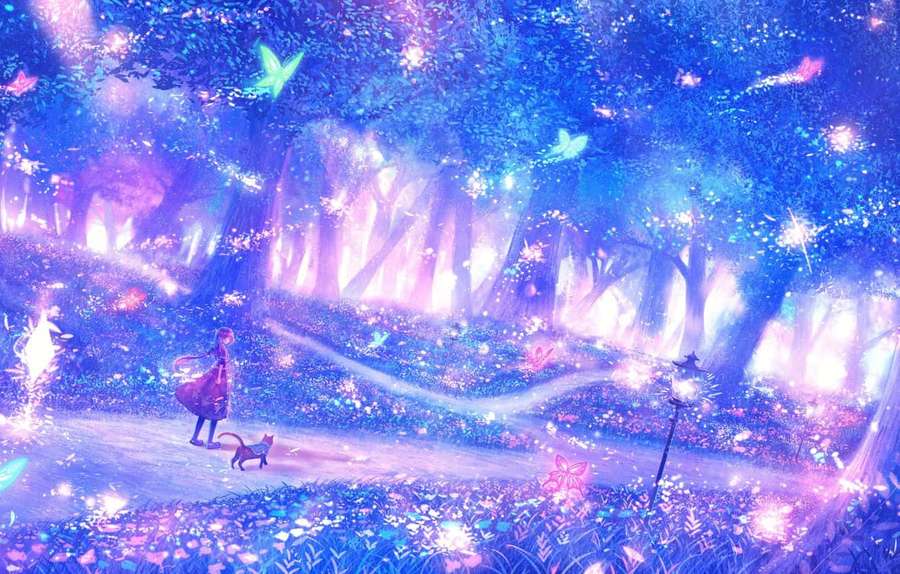 Pige og kat går gennem lysende magisk skov med sommerfugle — Fairy Forest Wallpapers
