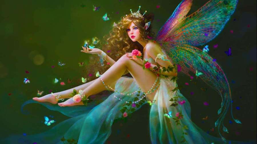 A glowing fairy with colorful wings surrounded by butterflies and flowers. — Fairy Picture