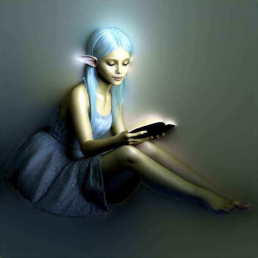An elf with blue hair reads a glowing book in a dimly lit space. — Fairy PNG