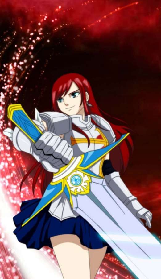 Anime girl with red hair in armor holding a glowing sword against a fiery red background. — Fairy Tail iPhone Wallpaper
