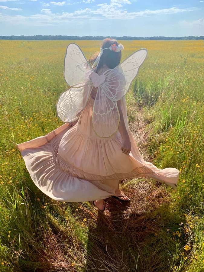 A fairy in a flowing peach dress and translucent wings stands in a sunlit meadow. — Fairycore Background