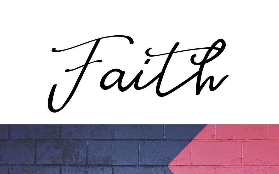 The word Faith in black cursive script above a blue and pink painted brick wall. — Faith Background