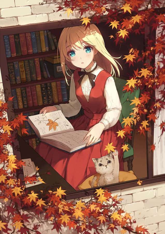 Anime girl reading book with cat by autumn leaf-framed window. — Fall Anime Wallpaper